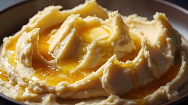 Delicious mashed potatoes with melted butter and gravy in a bowl
