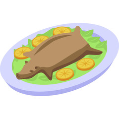 Whole Roasted Boar Served With Sliced Oranges And Fresh Green Lettuce On A White Plate With Light Purple Border A Stylized Food Illustration On A Transparent Background
