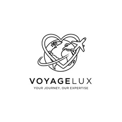 VoyageLux logo featuring a globe, heart, and airplane in a minimalist design.