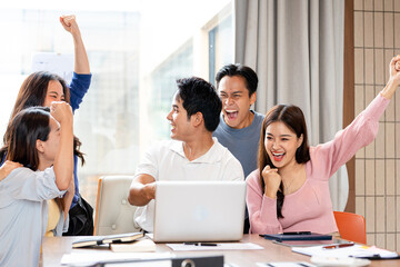 Celebrate and victory to business success with colleagues, celebration  with co-worker partner ...