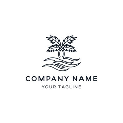 Minimalist line art logo featuring a palm tree on an island with waves, suitable for travel or tropical businesses.