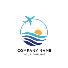 A logo featuring an airplane flying over ocean waves with a setting sun inside a circle.