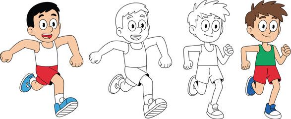 Boy running cartoon illustration set, kids sports drawing, coloring progression artwork, fitness activity sketch, educational art design, playful lifestyle graphic