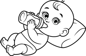 Baby illustration, infant drinking bottle, newborn sketch, childcare artwork, parenting graphic, nursery design, childhood drawing, baby care symbol, educational art, comfort