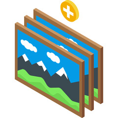Isometric view of framed landscape pictures stacked with a yellow plus icon indicating addition or selection in a clean 3d render