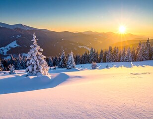 Snowy mountains bathed in warm sunlight during a winter sunrise