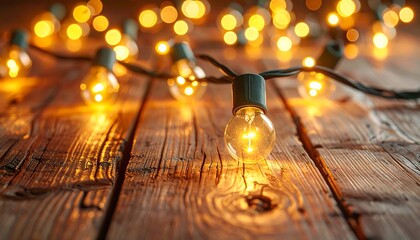 String of illuminated bulbs resting on rustic wooden planks