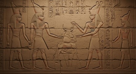 Ancient wall carving depicts deities presenting an offering to a sacred bovine figure