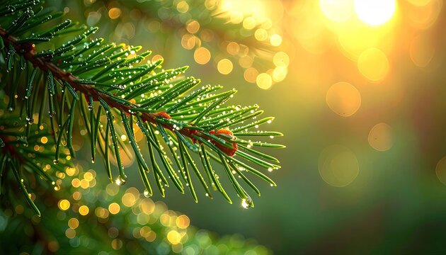 Close Up Of Green Pine Needles With Morning Dew Drops Sparkling In The Golden Sunlight With Soft Bokeh Background