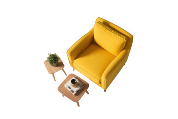 Top view yellow armchair in living room on white background