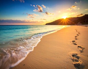 Sunrise over a beach, with footprints in the sand and ocean waves