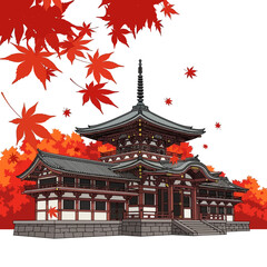 Obraz premium Illustration of a traditional Japanese temple with a pagoda surrounded by vibrant autumn maple leaves.