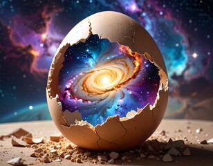 Surreal depiction of a cracked egg revealing a cosmic galaxy