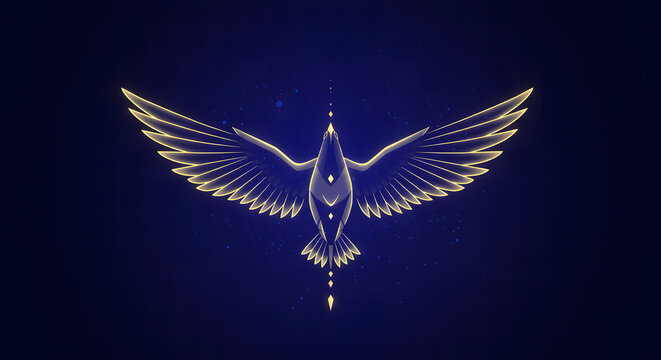 Soaring bird illustration against dark blue background with decorative elements