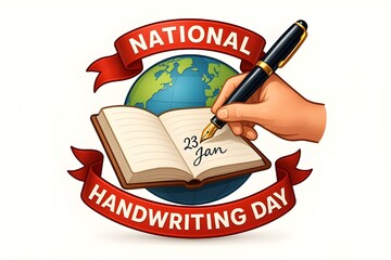 National Handwriting Day Vector Emblem with Globe and Fountain Pen