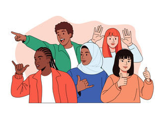 multiracial friends gesturing with hands