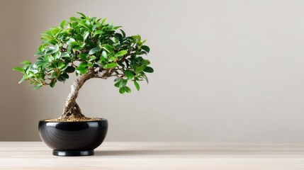 Miniature Green Bonsai Tree in a Black Pot on a Wooden Surface with Soft Background Light