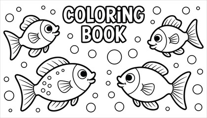 Four cartoon fish and bubbles with coloring book text drawing illustration