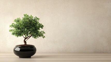 Elegant bonsai tree in a minimalist pot against a neutral textured wall, perfect for nature and serenity themed designs