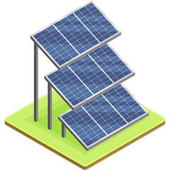 Isometric View of Three Tiered Solar Panels Array on Green Grass Ground Surface with Gray Metal Supports Under Clear Bright Daylight Illumination