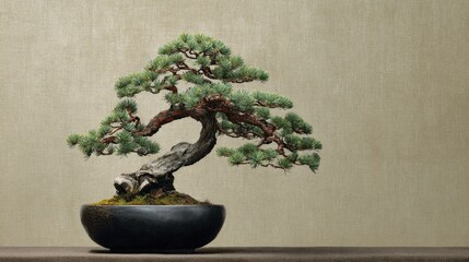 Elegant Bonsai Tree Artfully Decorated in a Minimalist Black Pot on a Soft Neutral Background