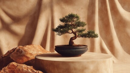 Elegant Bonsai Tree in Minimalist Setting with Stone Accents and Warm Toned Fabrics for Serene Home Decor
