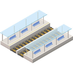 Isometric View Of Two Train Station Platforms With Blue Benches Under Glass Shelters And Train Tracks In Daylight