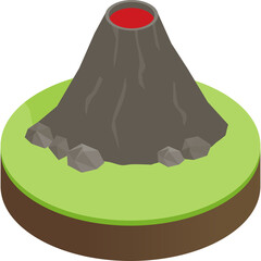 Isometric Volcano Erupting With Red Lava on Green Island Surrounded By Brown Earth