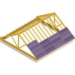 Isometric view of wooden roof frame under construction with purple solar panels installed on one side against a transparent background