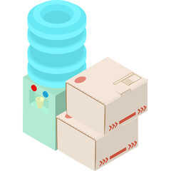 Isometric water cooler with stack of cardboard boxes on a transparent background, aqua blue and light green colors