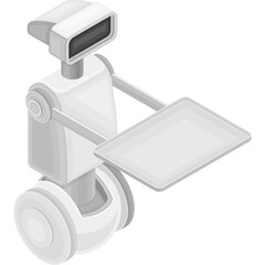 Isometric White Robot Carrying Tray with Transparent Background and Gray Mechanical Arm and Wheels