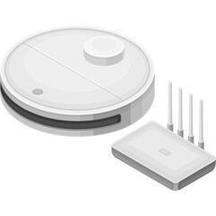 Isometric white robot vacuum cleaner and wireless router with antennas on transparent background minimalist digital art