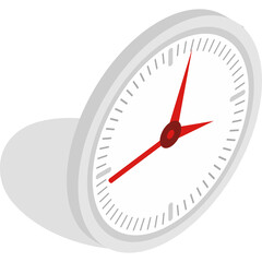 Isometric white wall clock with red hands casting a dark shadow on a transparent background, representing time and punctuality in a modern graphic design