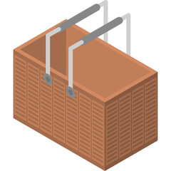 Isometric wicker picnic basket with two handles on a transparent background
