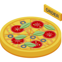 Isometric whole pizza with tomato olives and basil toppings beside an orange order sign on a transparent background