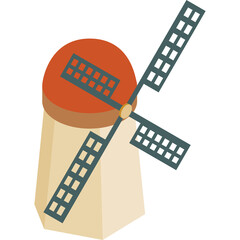 Isometric Windmill With Rotating Blades In A Simple Stylized Representation On A Transparent Background