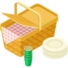 Isometric Wicker Picnic Basket with Red and White Gingham Cloth Stacked Plates and Green Cups on a Transparent Background