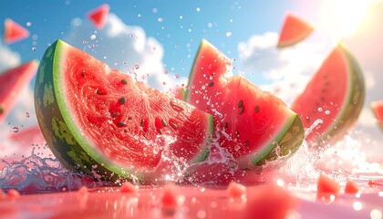 Fresh, juicy watermelon slices splashed in cool water, under a bright blue sky