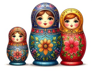 Three vibrantly-painted, stacking wooden dolls isolated on white