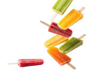 Vibrant stack of colorful frozen fruit popsicles falling. Refreshing sweet summer dessert treat isolated for fun, cool food concept