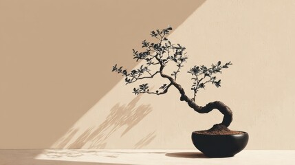 Beautiful bonsai tree in black pot casting elegant shadow against minimalist background