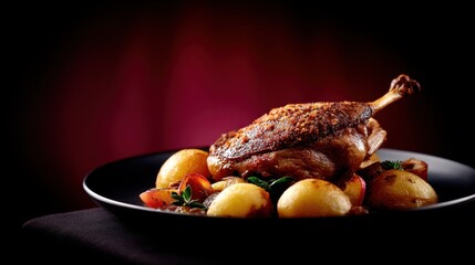 Deliciously Cooked Duck Leg on a Plate Surrounded by Roasted Potatoes and Fresh Herbs in a Dark Setting