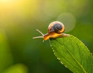 Tiny snail perched on a vibrant green leaf, backlit by golden sunlight