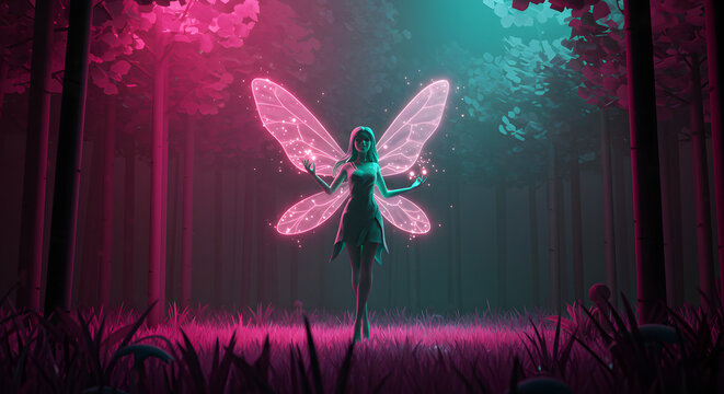 Fantasy illustration of a fairy with glowing wings in a forest