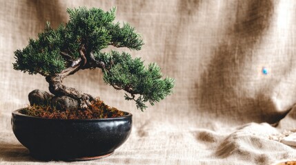 Serene Bonsai Tree in Black Pot on Natural Fabric Background, Captivating Tranquility of Nature in Home Decor Art