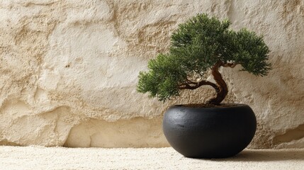 Tranquil bonsai tree in a simple black pot against a textured natural wall creating a harmonious indoor decor atmosphere