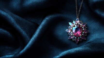 Elegant Vintage Brooch with Pink Gemstone on Luxurious Dark Satin Fabric Background