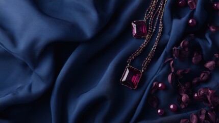 Elegant necklace with deep red jewels draped on luxurious navy blue fabric surrounded by delicate purple petals