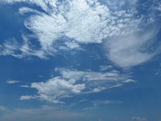 Bright blue sky with fluffy white cumulus clouds on a sunny summer day. Drone Photography