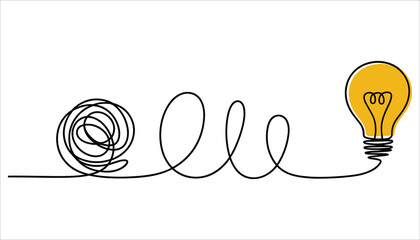 Yellow light bulb with tangled black line on white background idea thinking